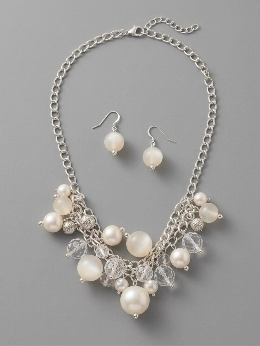 Silver Tone Pearl Cluster Necklace & Earrings Set - White
